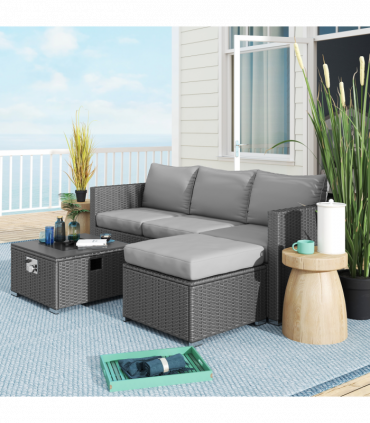 Outsunny 4 Seater Rattan Sofa Set with Footstool Thick Cushions Grey