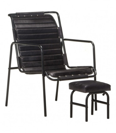 Relaxing Armchair with a Footrest Black Real Leather