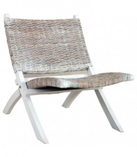 Relaxing Chair White Natural Kubu Rattan and Solid Mahogany Wood