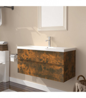 Sink Cabinet with Built-in Basin Smoked Oak Engineered Wood