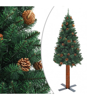 Slim Christmas Tree with Real Wood and Cones Green 180 cm PVC