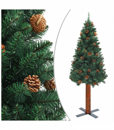 Slim Christmas Tree with Real Wood and Cones Green 180 cm PVC