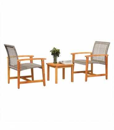 vidaXL 3 Piece Bistro Set Grey Poly Rattan and Acacia Wood