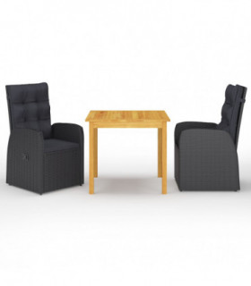 vidaXL 3 Piece Garden Dining Set with Cushions Black Poly Rattan