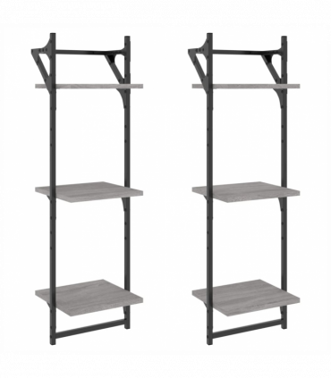 vidaXL 3-Tier Wall Shelves with Bars 2 pcs Grey Sonoma 30x25x100 cm