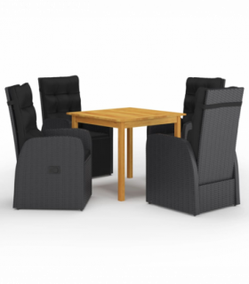 vidaXL 5 Piece Garden Dining Set with Cushions Black Poly Rattan