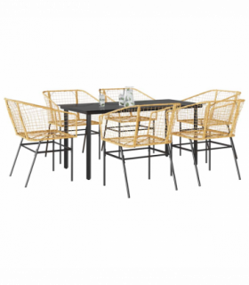 vidaXL 7 Piece Garden Dining Set Brown Poly Rattan Glass