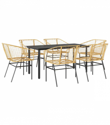 vidaXL 7 Piece Garden Dining Set Brown Poly Rattan Glass