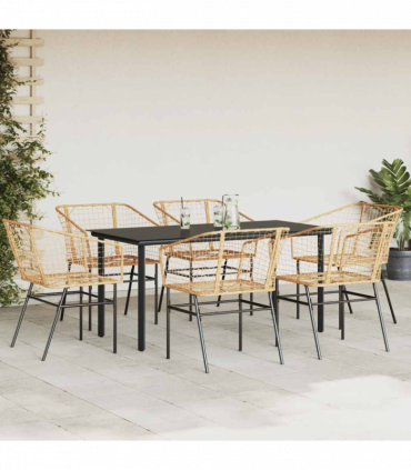 vidaXL 7 Piece Garden Dining Set Brown Poly Rattan Glass