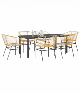 vidaXL 7 Piece Garden Dining Set Brown Poly Rattan Glass