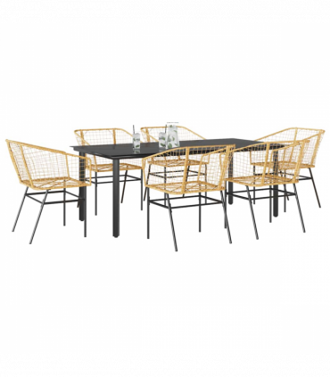 vidaXL 7 Piece Garden Dining Set Brown Poly Rattan Glass
