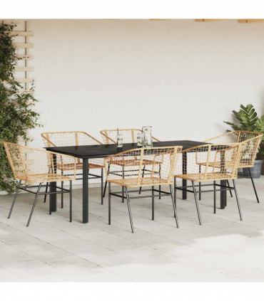 vidaXL 7 Piece Garden Dining Set Brown Poly Rattan Glass