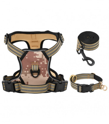 vidaXL Dog Harness with Lead & Collar Adjustable Camouflage Brown XL