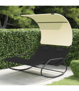 vidaXL Rocking Double Sun Lounger with Canopy Black and Cream