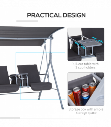 Steel Frame 2-Seater  Swing Chair w/ Table Grey