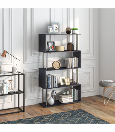 Wooden S Shape Storage Unit Bookshelf Lounge Display Room Divider-Black