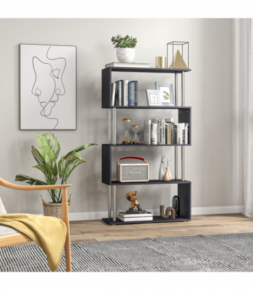 Wooden S Shape Storage Unit Bookshelf Lounge Display Room Divider-Black