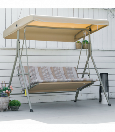 3 Person Porch Swing Chair Outdoor Lounge Bench Canopy Light Brown