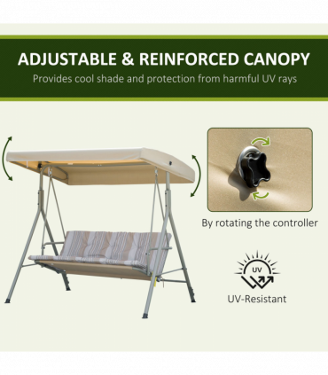 3 Person Porch Swing Chair Outdoor Lounge Bench Canopy Light Brown