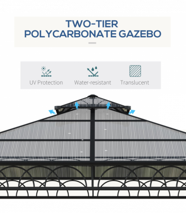 Gazebo Polycarbonate Black, Dark Grey, Khaki 300x300cm Two-tier hardtop roof