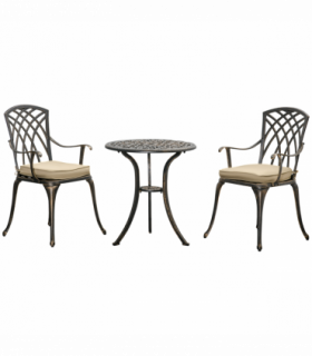 3Pc Cast Aluminium Garden Bistro Set for 2 Parasol Hole, Cushions Bronze