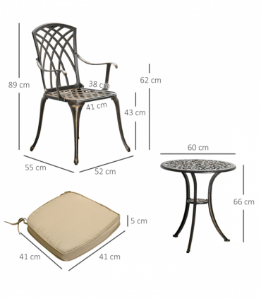 3Pc Cast Aluminium Garden Bistro Set for 2 Parasol Hole, Cushions Bronze