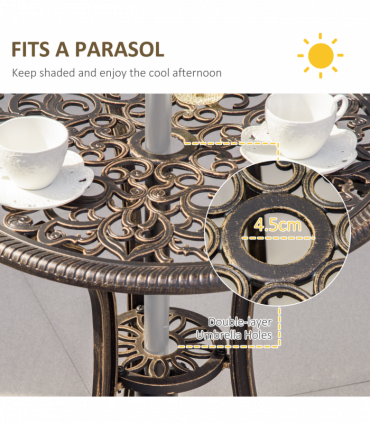 3Pc Cast Aluminium Garden Bistro Set for 2 Parasol Hole, Cushions Bronze