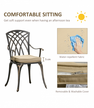 3Pc Cast Aluminium Garden Bistro Set for 2 Parasol Hole, Cushions Bronze