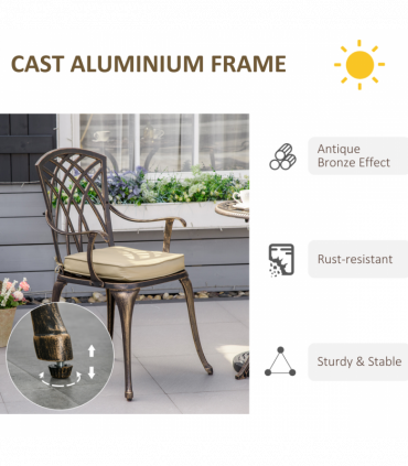 3Pc Cast Aluminium Garden Bistro Set for 2 Parasol Hole, Cushions Bronze