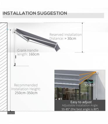 3x2.5m Manual Awning Canopy Sun Shade Shelter with Winding Handle, Grey