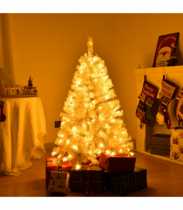 4 FT Pre-lit Artificial Christmas Tree, Hinged Xmas Pine Tree with 346 Branch Tips, 140 Lights and Remote Control for Holiday Party Office Home, White