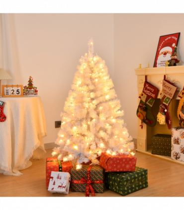 4 FT Pre-lit Artificial Christmas Tree, Hinged Xmas Pine Tree with 346 Branch Tips, 140 Lights and Remote Control for Holiday Party Office Home, White