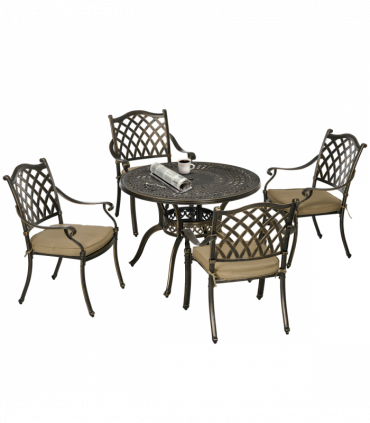 4 Seater Dining Set with Cushions Round Dining Table with Parasol Hole, Bronze