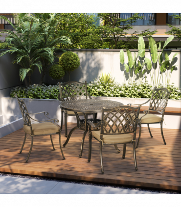 4 Seater Dining Set with Cushions Round Dining Table with Parasol Hole, Bronze