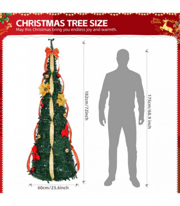 6 FT Fully Decorated Pre-lit Christmas Tree, Pop Up Artificial Xmas Tree with 80 Warm Lights Battery Operated and Red & Golden Ornaments for Home Office Store Holiday Deco