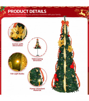 6 FT Fully Decorated Pre-lit Christmas Tree, Pop Up Artificial Xmas Tree with 80 Warm Lights Battery Operated and Red & Golden Ornaments for Home Office Store Holiday Deco
