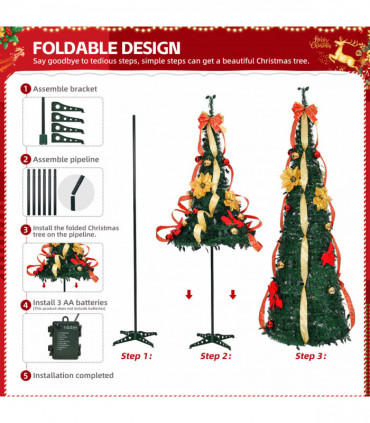6 FT Fully Decorated Pre-lit Christmas Tree, Pop Up Artificial Xmas Tree with 80 Warm Lights Battery Operated and Red & Golden Ornaments for Home Office Store Holiday Deco