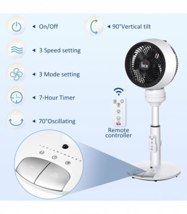 Air Circulator Fan 3 Speed 3 Mode, Oscillation Tilt, Height Adjust Black/White
