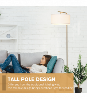 Floor Lamp with Linen Lampshade Round Base for Living Room Bedroom - White