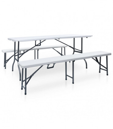 Folding Garden Table with 2 Benches 180 cm Steel and HDPE White