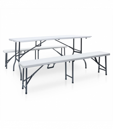 Folding Garden Table with 2 Benches 180 cm Steel and HDPE White