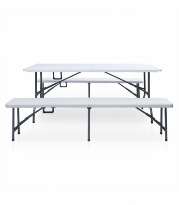 Folding Garden Table with 2 Benches 180 cm Steel and HDPE White