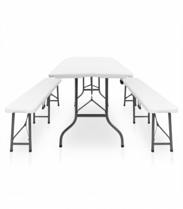 Folding Garden Table with 2 Benches 180 cm Steel and HDPE White