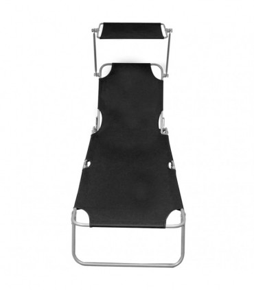 Folding Sun Lounger with Canopy Black Aluminium