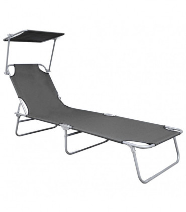 Folding Sun Lounger with Canopy Grey Aluminium