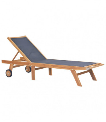 Folding Sun Lounger with Wheels Solid Teak and Textilene