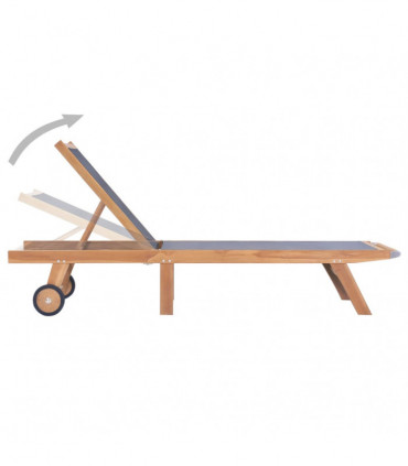 Folding Sun Lounger with Wheels Solid Teak and Textilene