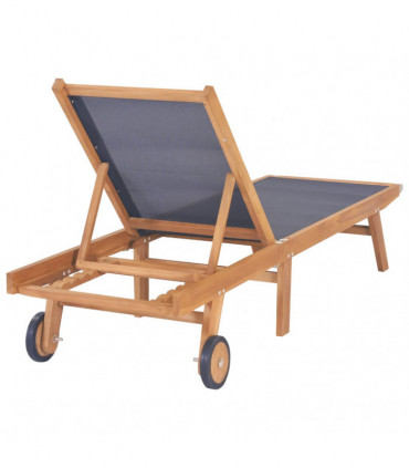Folding Sun Lounger with Wheels Solid Teak and Textilene