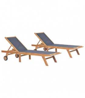Folding Sun Loungers with Wheels 2 pcs Solid Teak and Textilene