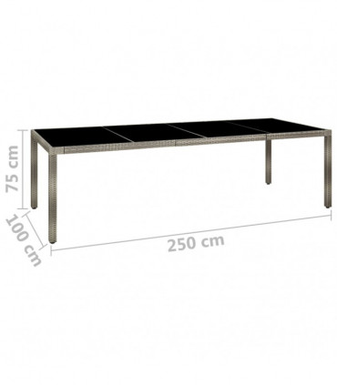 Garden Table Grey 250x100x75 cm Tempered Glass and Poly Rattan